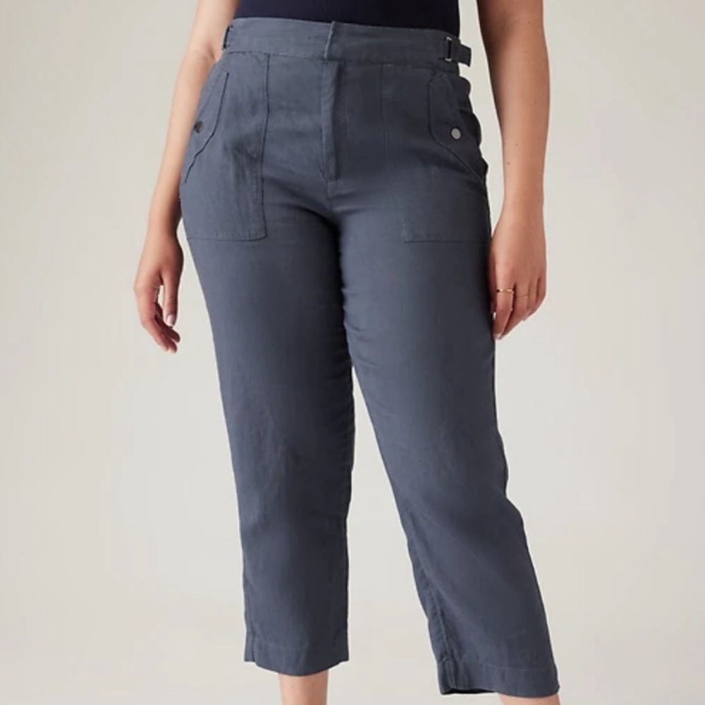 Athleta Voyager Linen Relaxed Loose Pants Navy Blue Size 8 Coastal Summer